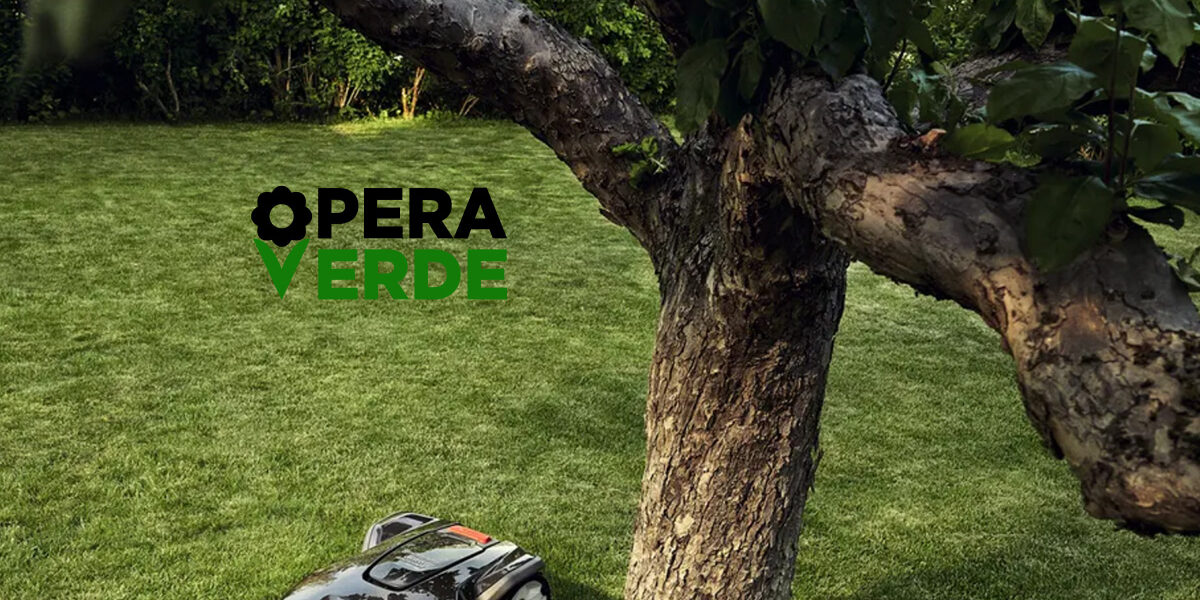 robot da giardino, prato, albero